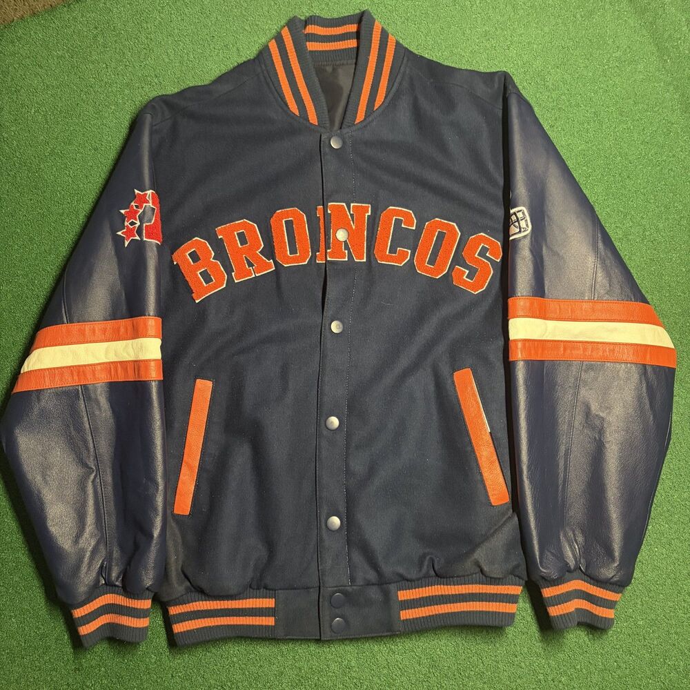 2007 G-III Denver Broncos NFL Prototype Sample Reversible Leather Wool Jacket L